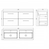 Arno 1200mm Wall Hung 4 Drawer Vanity & Double Polymarble Basin - Soft Black - Technical Drawing