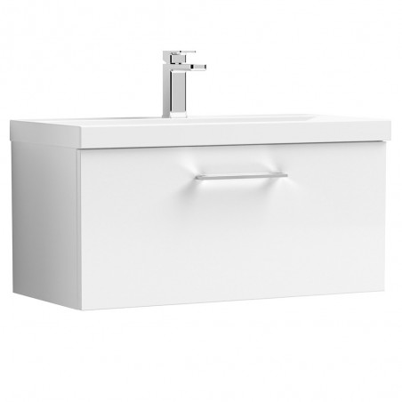 Arno Gloss White 800mm Wall Hung Single Drawer Vanity Unit with Mid-Edge Basin