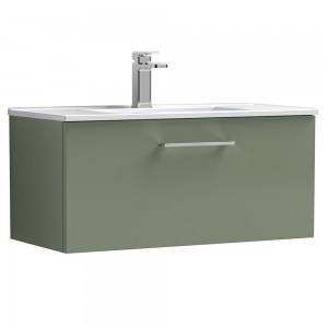 Arno Satin Green 800mm Wall Hung Single Drawer Vanity Unit with Minimalist Basin