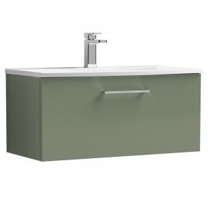 Arno Satin Green 800mm Wall Hung Single Drawer Vanity Unit with Curved Basin