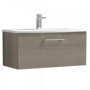 Arno Solace Oak Woodgrain 800mm Wall Hung Single Drawer Vanity Unit with Curved Basin