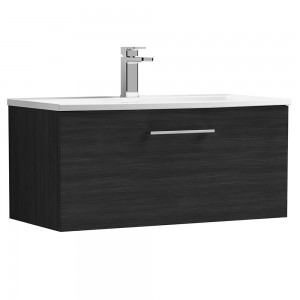 Arno Charcoal Black Woodgrain 800mm Wall Hung Single Drawer Vanity Unit with Curved Basin