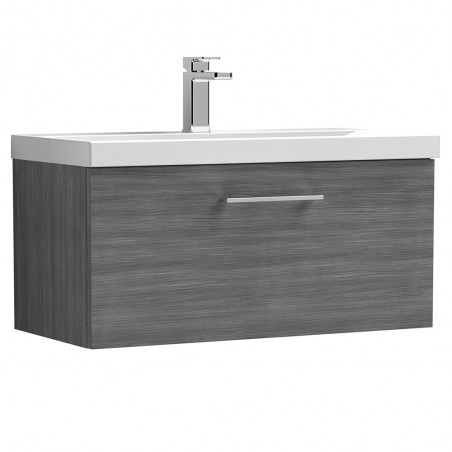 Arno Anthracite Woodgrain 800mm Wall Hung Single Drawer Vanity Unit with Mid-Edge Basin