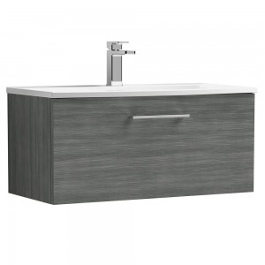Arno Anthracite Woodgrain 800mm Wall Hung Single Drawer Vanity Unit with Curved Basin