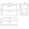 Arno Gloss White 800mm Wall Hung 2 Drawer Vanity Unit with Mid-Edge Basin - Technical Drawing