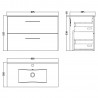 Arno Gloss White 800mm Wall Hung 2 Drawer Vanity Unit with Minimalist Basin - Technical Drawing