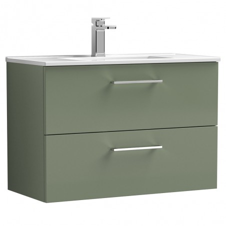Arno Satin Green 800mm Wall Hung 2 Drawer Vanity Unit with Minimalist Basin