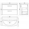 Arno Satin Green 800mm Wall Hung 2 Drawer Vanity Unit with Curved Basin - Technical Drawing