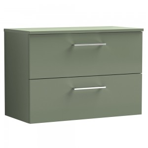 Arno Satin Green 800mm Wall Hung 2 Drawer Vanity Unit with Worktop