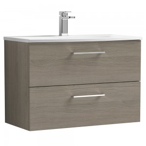 Arno Solace Oak Woodgrain 800mm Wall Hung 2 Drawer Vanity Unit with Curved Basin