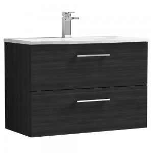 Arno Charcoal Black Woodgrain 800mm Wall Hung 2 Drawer Vanity Unit with Curved Basin
