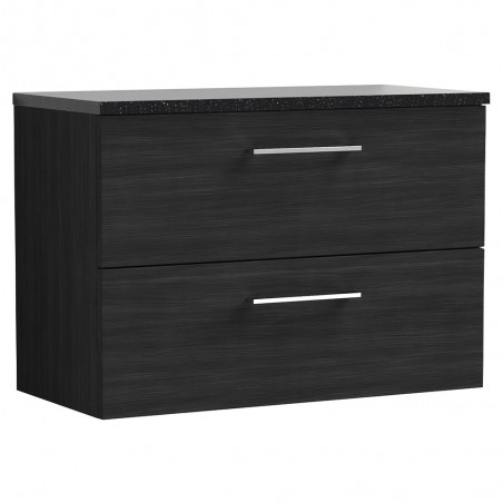 Arno Charcoal Black Woodgrain 800mm Wall Hung 2 Drawer Vanity Unit with Laminate Top