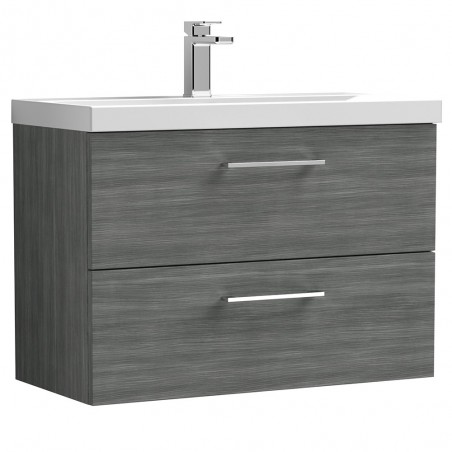 Arno Anthracite Woodgrain 800mm Wall Hung 2 Drawer Vanity Unit with Mid-Edge Basin