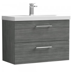 Arno Anthracite Woodgrain 800mm Wall Hung 2 Drawer Vanity Unit with Thin-Edge Basin