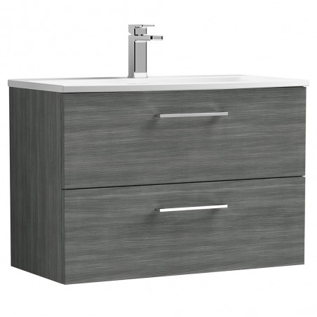 Arno Anthracite Woodgrain 800mm Wall Hung 2 Drawer Vanity Unit with Curved Basin