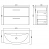 Arno 800mm Wall Hung 2 Drawer Vanity Unit & Curved Ceramic Basin - Soft Black - Technical Drawing