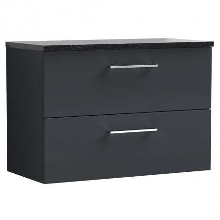 Arno 800mm Wall Hung 2 Drawer Vanity Unit & Laminate Worktop - Soft Black/Sparkle Black