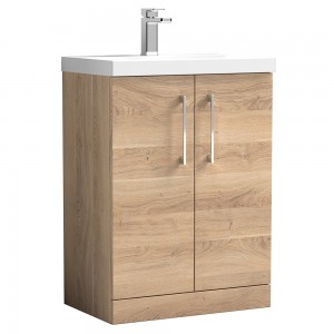 Arno 600mm Freestanding 2 Door Vanity Unit & Mid-Edge Ceramic Basin - Bleached Oak