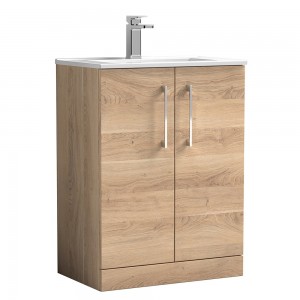 Arno 600mm Freestanding 2 Door Vanity Unit & Minimalist Ceramic Basin - Bleached Oak