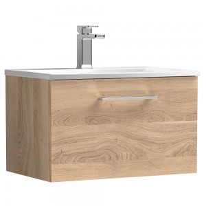 Arno 600mm Wall Hung Single Drawer Vanity Unit & Curved Ceramic Basin - Bleached Oak