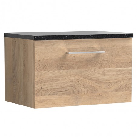 Arno 600mm Wall Hung Single Drawer Vanity Unit & Laminate Worktop - Bleached Oak/Sparkle Black