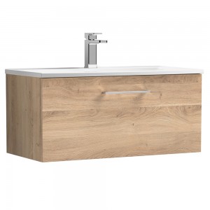 Arno 800mm Wall Hung Single Drawer Vanity Unit & Curved Ceramic Basin - Bleached Oak