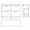 Arno 1200mm Freestanding 4 Drawer Vanity Unit & Worktop - Bleached Oak - Technical Drawing