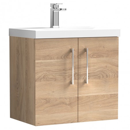 Arno 600mm Wall Hung 2 Door Vanity Unit & Thin-Edge Ceramic Basin - Bleached Oak