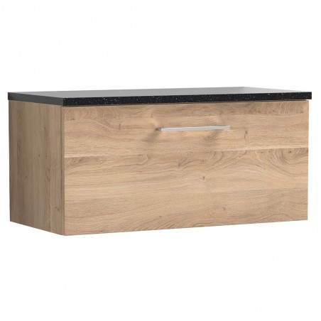 Arno 800mm Wall Hung Single Drawer Vanity Unit & Laminate Worktop - Bleached Oak/Sparkle Black