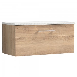 Arno 800mm Wall Hung Single Drawer Vanity Unit & Laminate Worktop - Bleached Oak/Sparkle White
