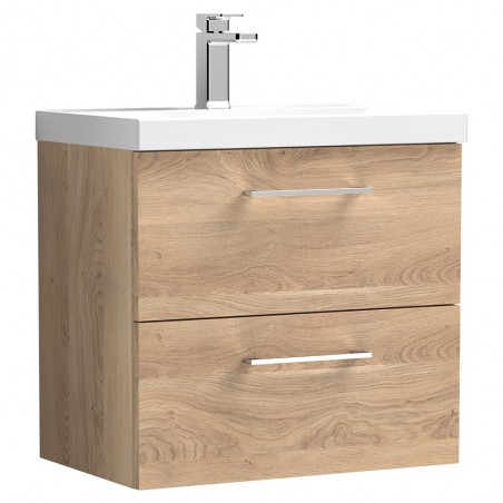 Arno 600mm Wall Hung 2 Drawer Vanity Unit & Mid-Edge Ceramic Basin - Bleached Oak