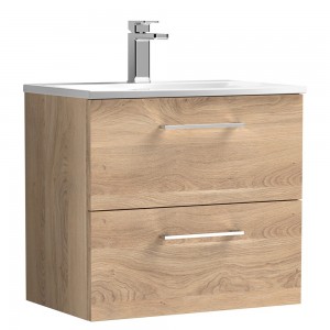 Arno 600mm Wall Hung 2 Drawer Vanity Unit & Curved Ceramic Basin - Bleached Oak