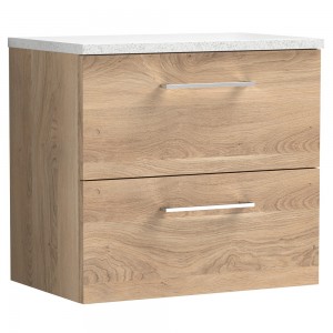 Arno 600mm Wall Hung 2 Drawer Vanity Unit & Laminate Worktop - Bleached Oak/Sparkle White