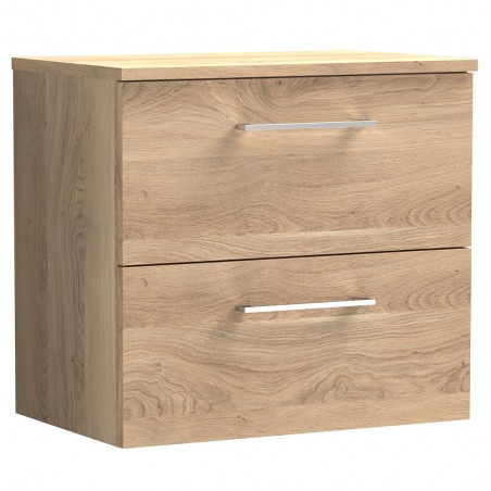 Arno 600mm Wall Hung 2 Drawer Vanity Unit & Worktop - Bleached Oak