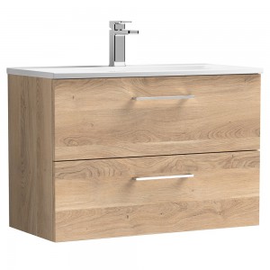 Arno 800mm Wall Hung 2 Drawer Vanity Unit & Curved Ceramic Basin - Bleached Oak