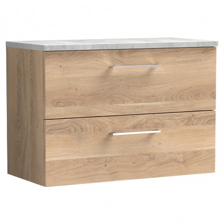 Arno 800mm Wall Hung 2 Drawer Vanity Unit & Laminate Worktop - Bleached Oak/Bellato Grey