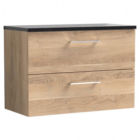 Arno 800mm Wall Hung 2 Drawer Vanity Unit & Laminate Worktop - Bleached Oak/Sparkle Black