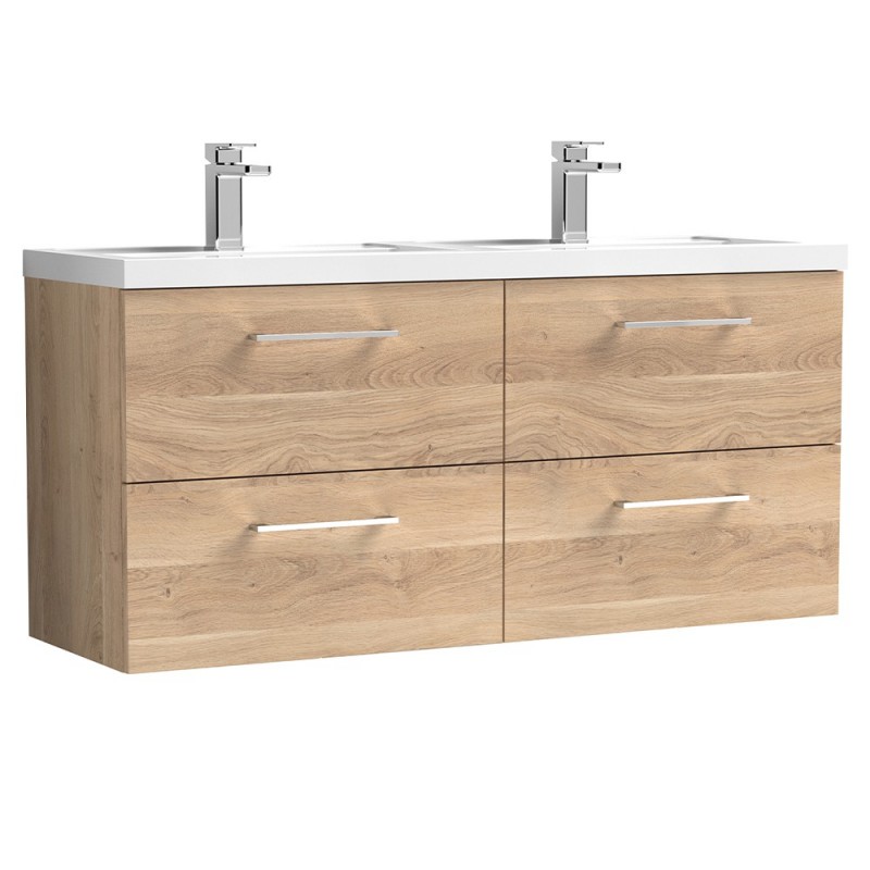 Arno 1200mm Wall Hung 4 Drawer Vanity Unit & Double Basin - Bleached Oak