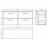 Arno 1200mm Wall Hung 4 Drawer Vanity Unit & Worktop - Bleached Oak - Technical Drawing