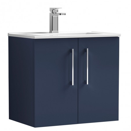 Arno 600mm Wall Hung 2 Door Vanity Unit & Minimalist Ceramic Basin - Midnight Blue