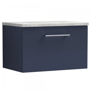 Arno 600mm Wall Hung Single Drawer Vanity Unit & Laminate Worktop - Midnight Blue/Bellato Grey
