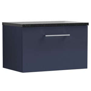 Arno 600mm Wall Hung Single Drawer Vanity Unit & Laminate Worktop - Midnight Blue/Sparkle Black