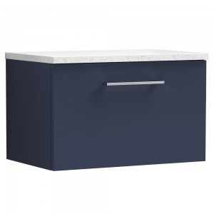 Arno 600mm Wall Hung Single Drawer Vanity Unit & Laminate Worktop - Midnight Blue/Sparkle White