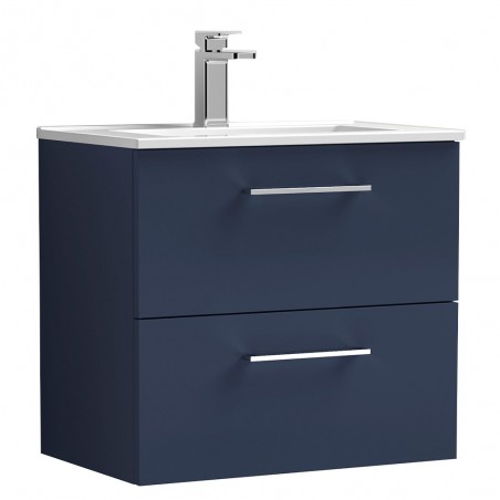 Arno 600mm Wall Hung 2 Drawer Vanity Unit & Minimalist Ceramic Basin - Midnight Blue