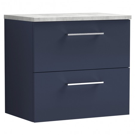 Arno 600mm Wall Hung 2 Drawer Vanity Unit & Laminate Worktop - Midnight Blue/Bellato Grey