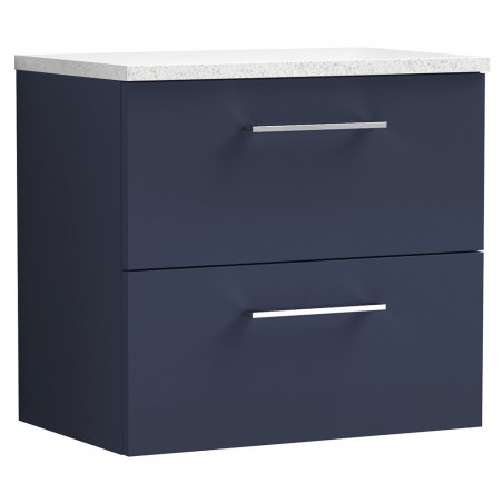 Arno 600mm Wall Hung 2 Drawer Vanity Unit & Laminate Worktop - Midnight Blue/Sparkle White