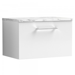 Arno 600mm Wall Hung Single Drawer Vanity Unit & Laminate Worktop - Gloss White/Carrera Marble