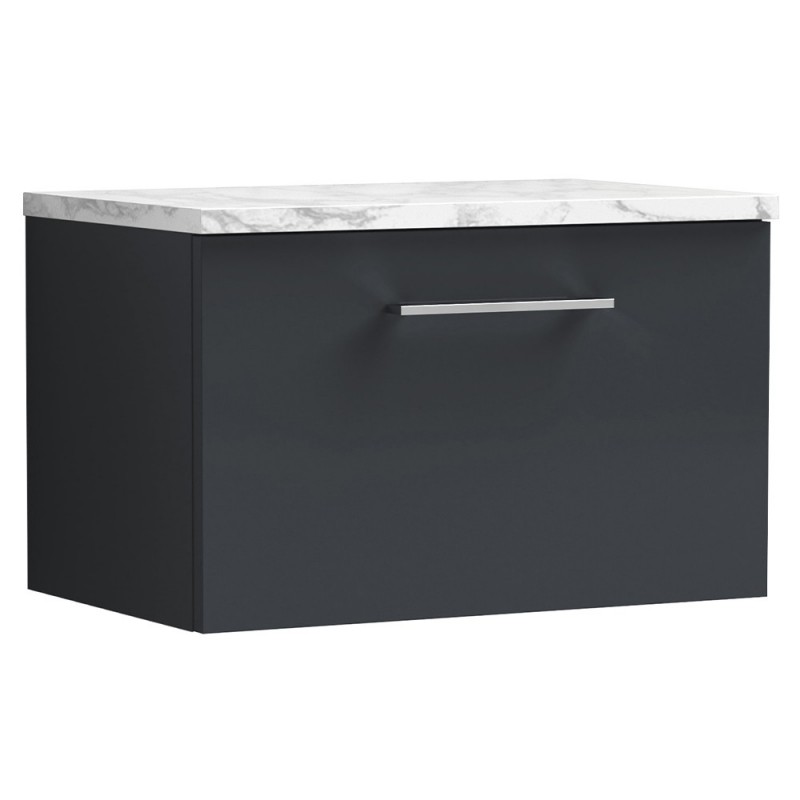 Arno 600mm Wall Hung Single Drawer Vanity Unit & Laminate Worktop - Soft Black/Carrera Marble