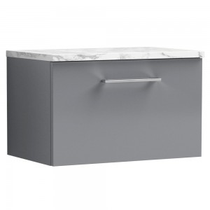 Arno 600mm Wall Hung Single Drawer Vanity Unit & Laminate Worktop - Satin Grey/Carrera Marble