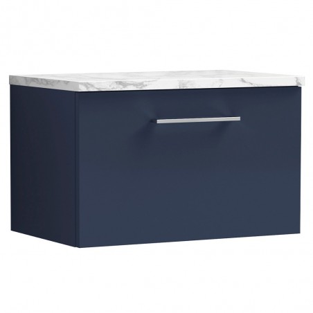 Arno 600mm Wall Hung Single Drawer Vanity Unit & Laminate Worktop - Midnight Blue/Carrera Marble